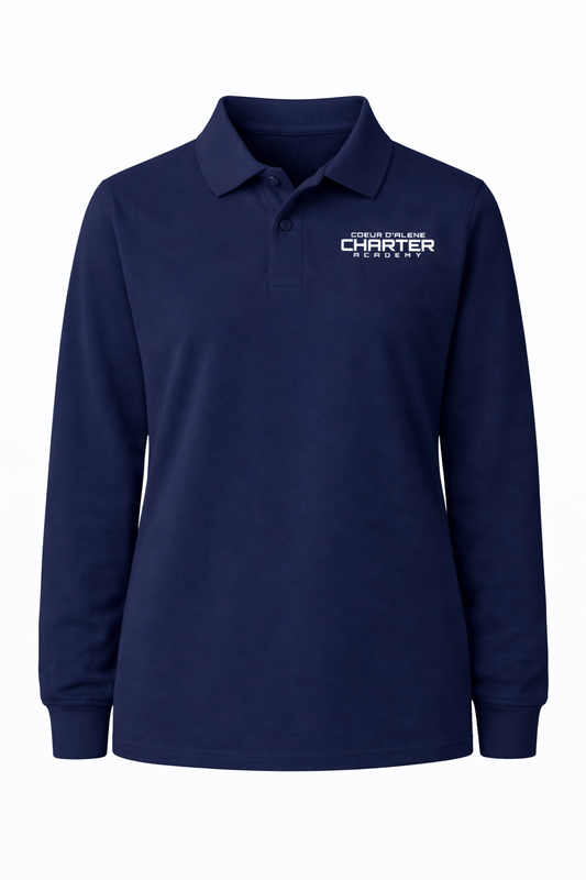 Classic Comfort Long Sleeve Polo - Navy, With Coeur d'Alene Charter Academy Logo