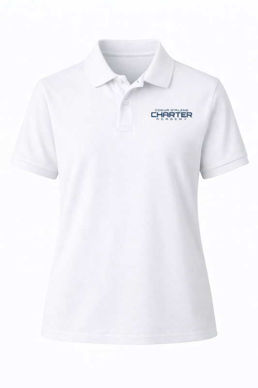 Classic Comfort Polo (unisex) - White, With Coeur d'Alene Charter Academy Logo