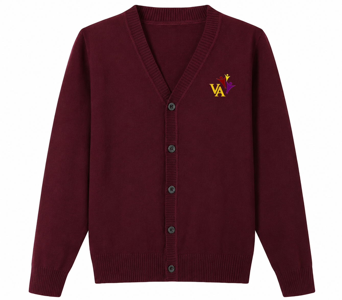 Lux Knit V Neck Cardigan Sweater (unisex) - Burgundy with Victory Academy Logo