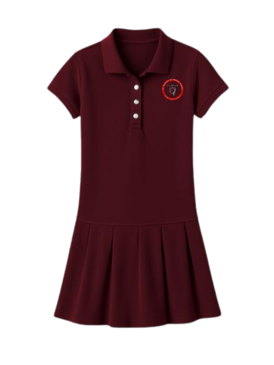 Pleated Polo Dress - Cardinal, with St. Bridget Logo 