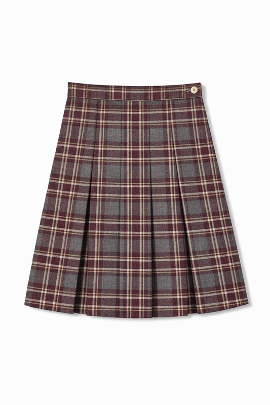 Simple Pleat Skirt - Gray/Burgundy/Yellow Plaid