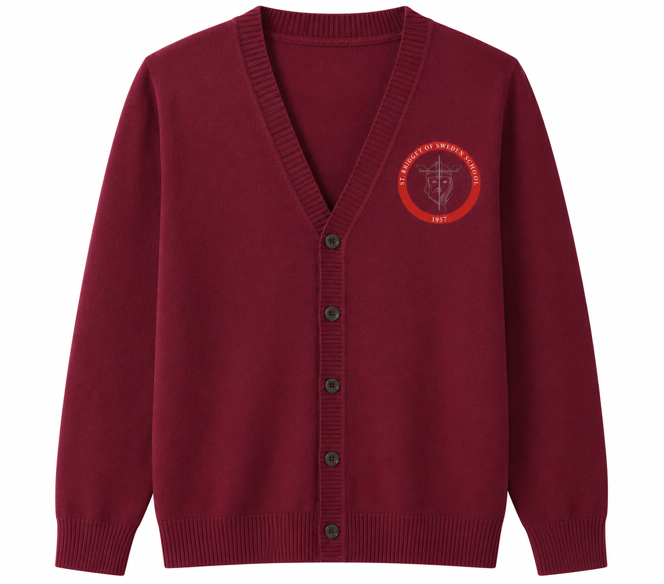 Lux Knit V Neck Cardigan Sweater (unisex) - Cardinal, with St. Bridget Logo