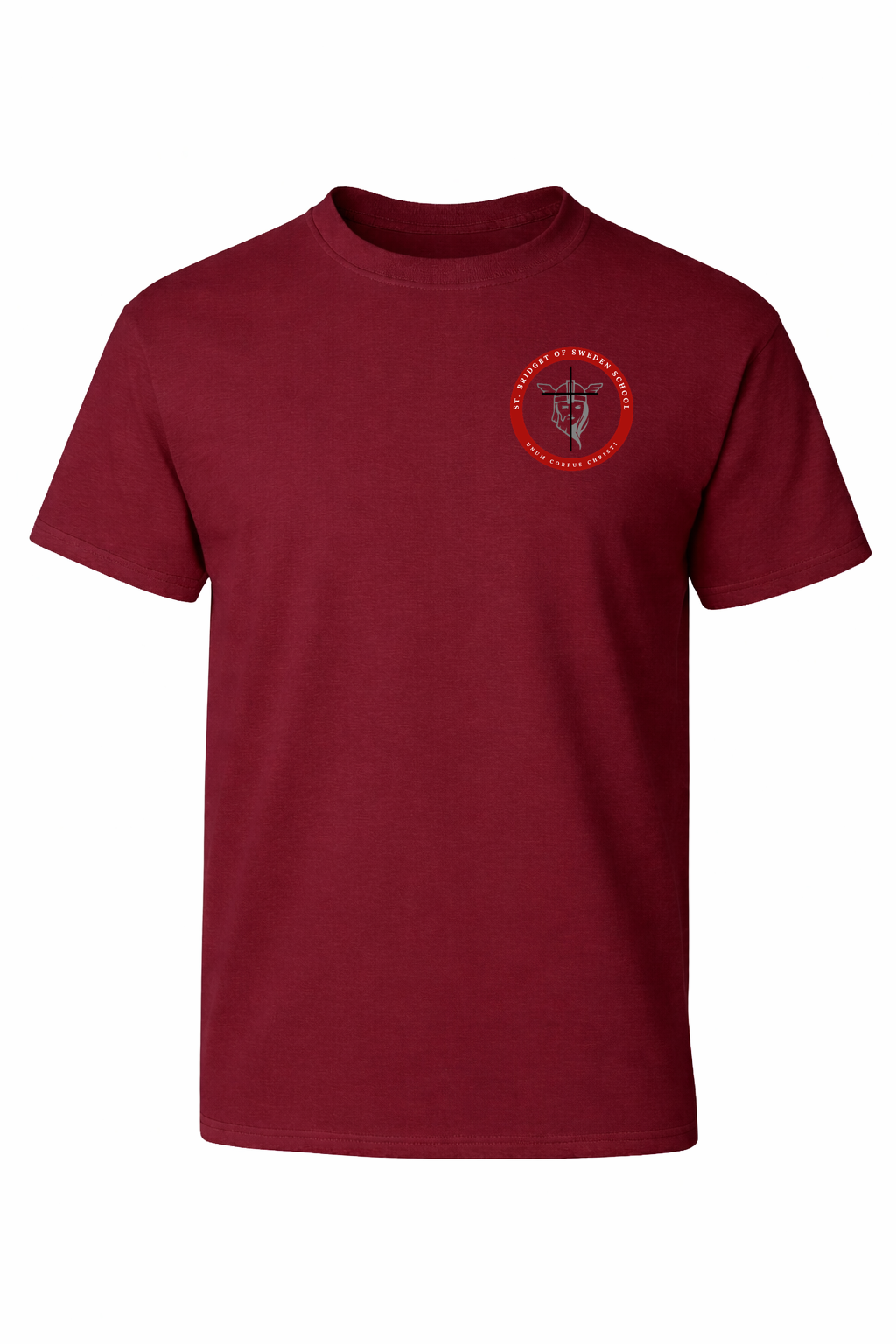 Gym T-Shirt - Burgundy, With St. Bridget of Sweden Logo