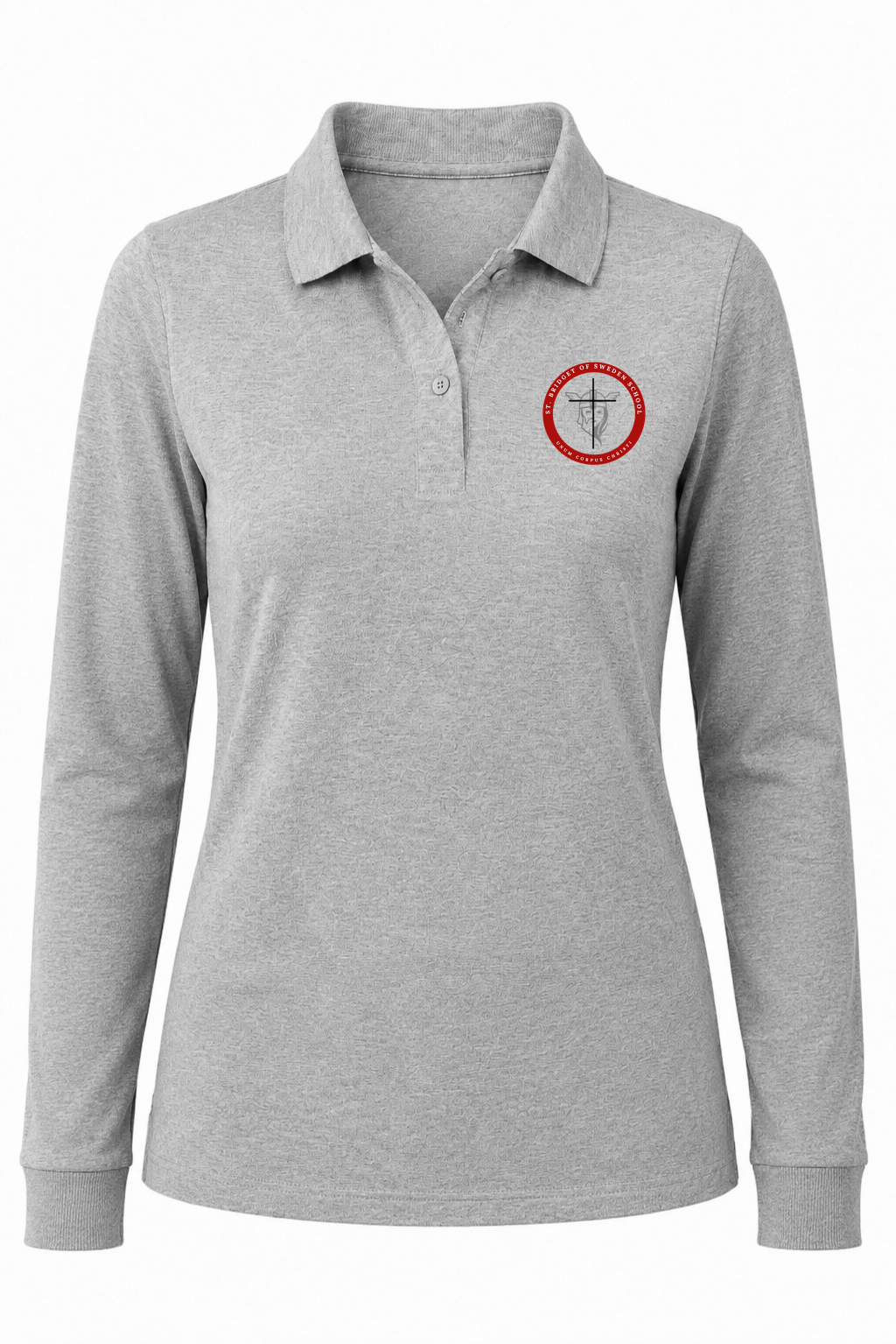 Classic Comfort Long Sleeve Polo - Gray, With St. Bridget of Sweden Logo