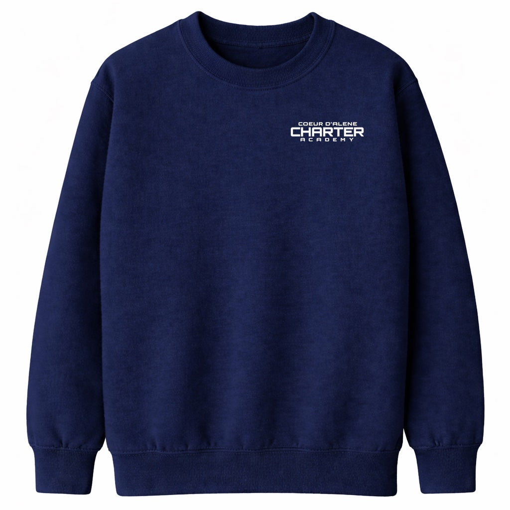 Varsity Crew Neck Sweatershirt (unisex) - Navy, with Coer d'Alene Charter Academy Logo