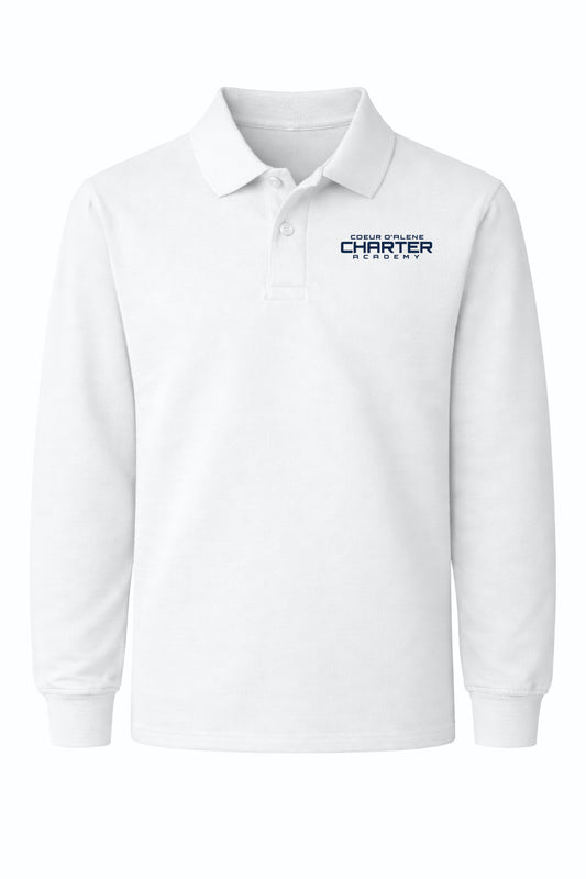 Classic Comfort Long Sleeve Polo (unisex) - White, With Coeur d'Alene Charter Academy Logo