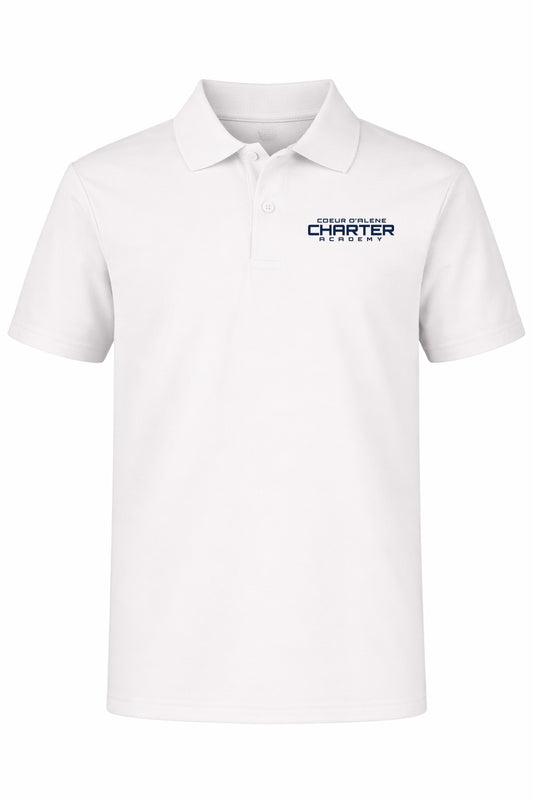 Performance Tech Polo (unisex) - White, With Coeur d'Alene Charter Academy Logo