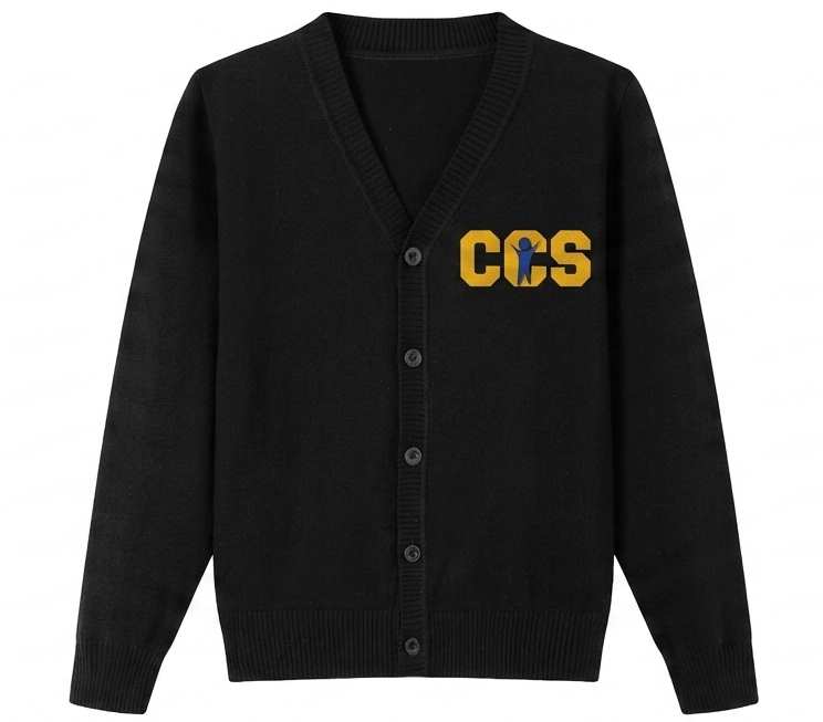 Lux Knit V Neck Cardigan Sweater (unisex) - Black, With Children's Community School Logo