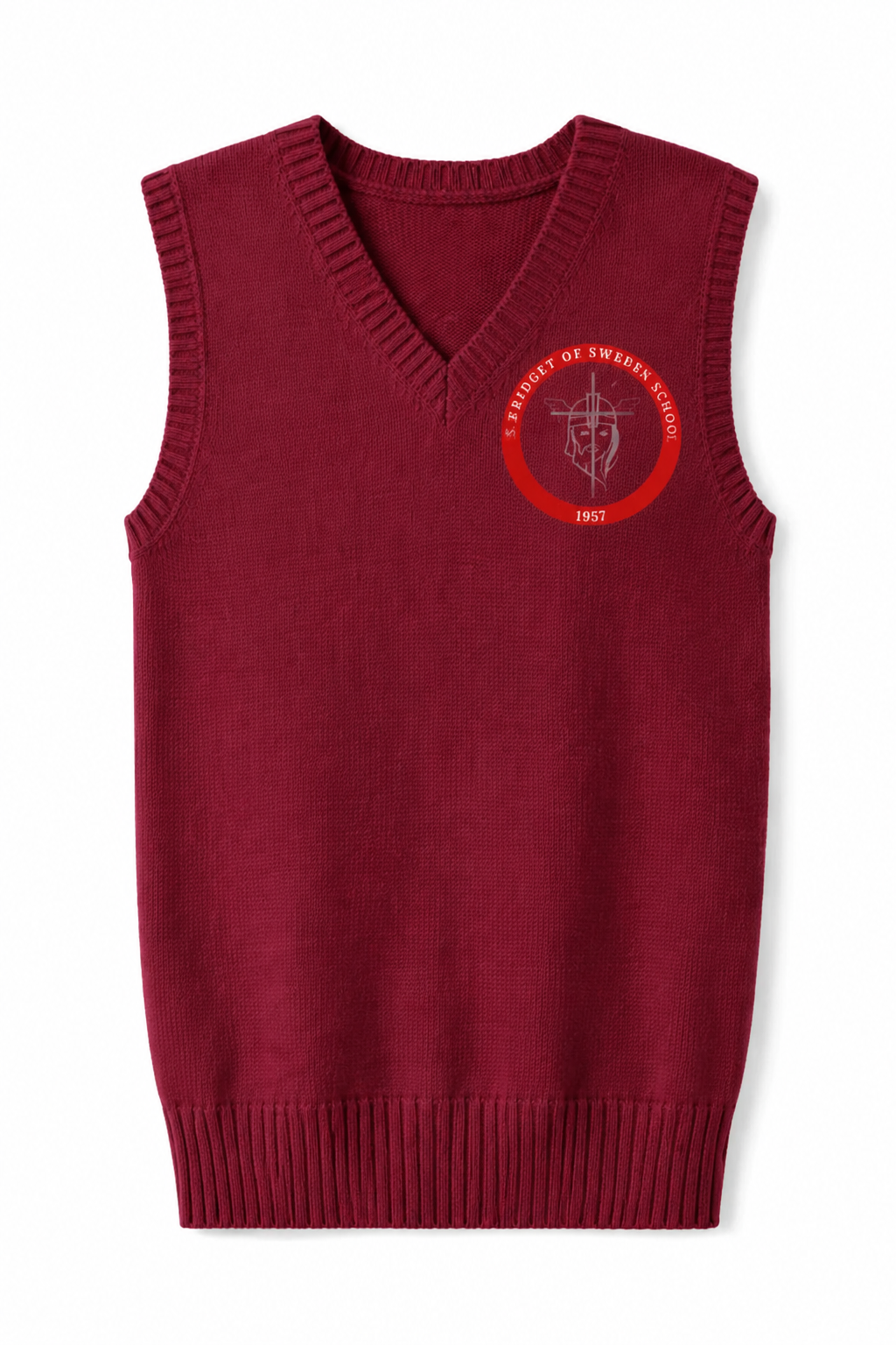 Lux Knit Sweater Vest (unisex) - Cardinal, With St. Bridget Logo