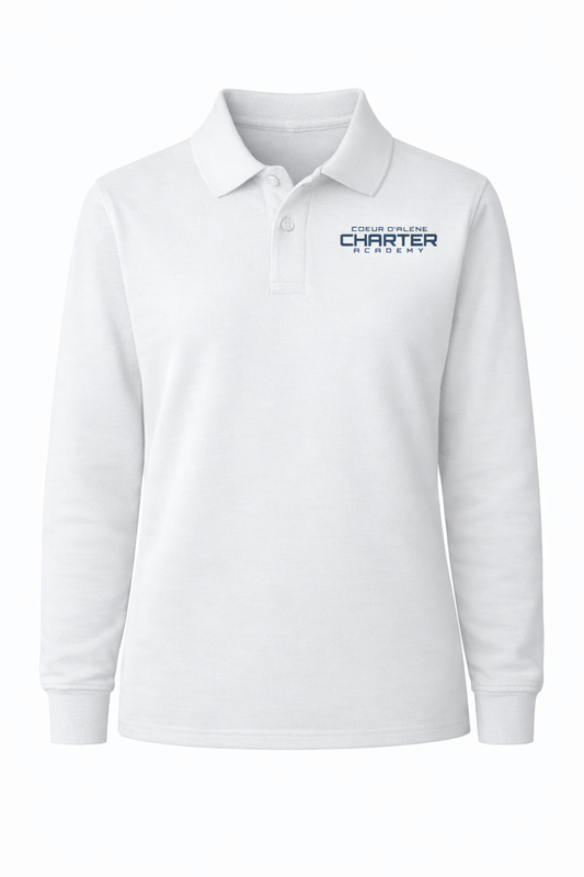 Youth Classic Comfort Long Sleeve Polo (unisex) - White, With Coeur d'Alene Charter Academy Logo